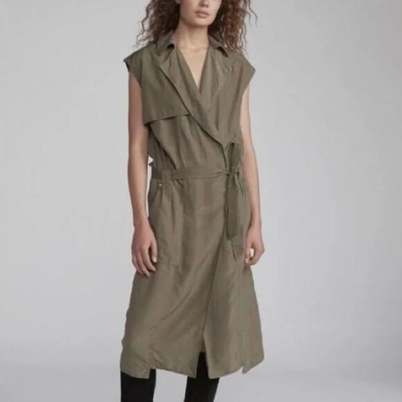 rag & born- Silk Light Weight Trench Wrap DressOlive Green Modern Ragged sz M - Picture 7 of 16